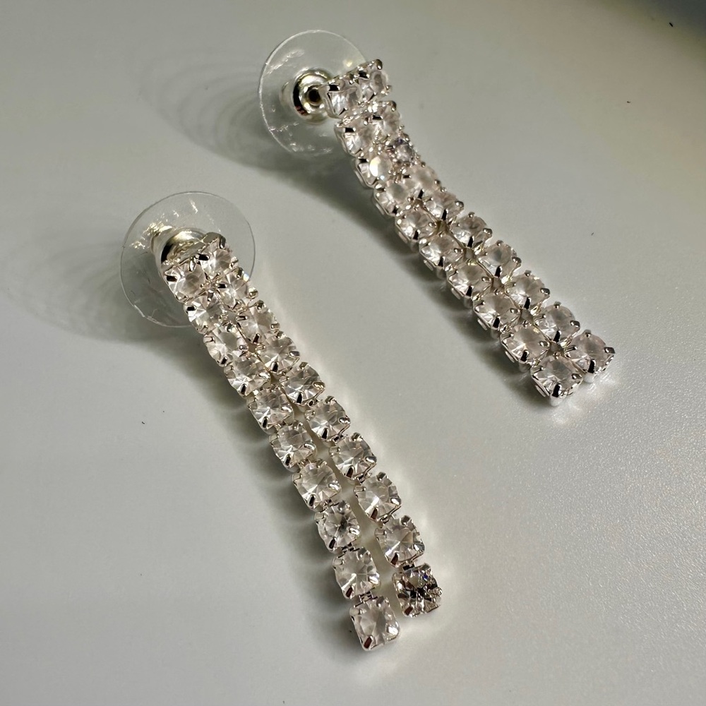 Silver Rhinestone Double Strand Dangle Earrings Glam Formal Sparkle